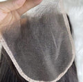 Close-up of the underside of a lace closure showing the mesh base and centre part
