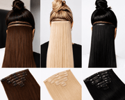 Clip-in hair extensions in brown, blonde and black, with clips and back views shown