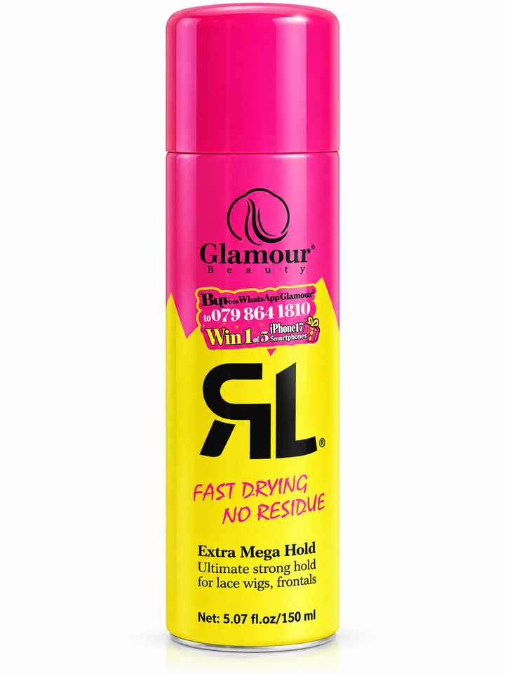 Glamour Beauty styling spray in a yellow can with a pink cap