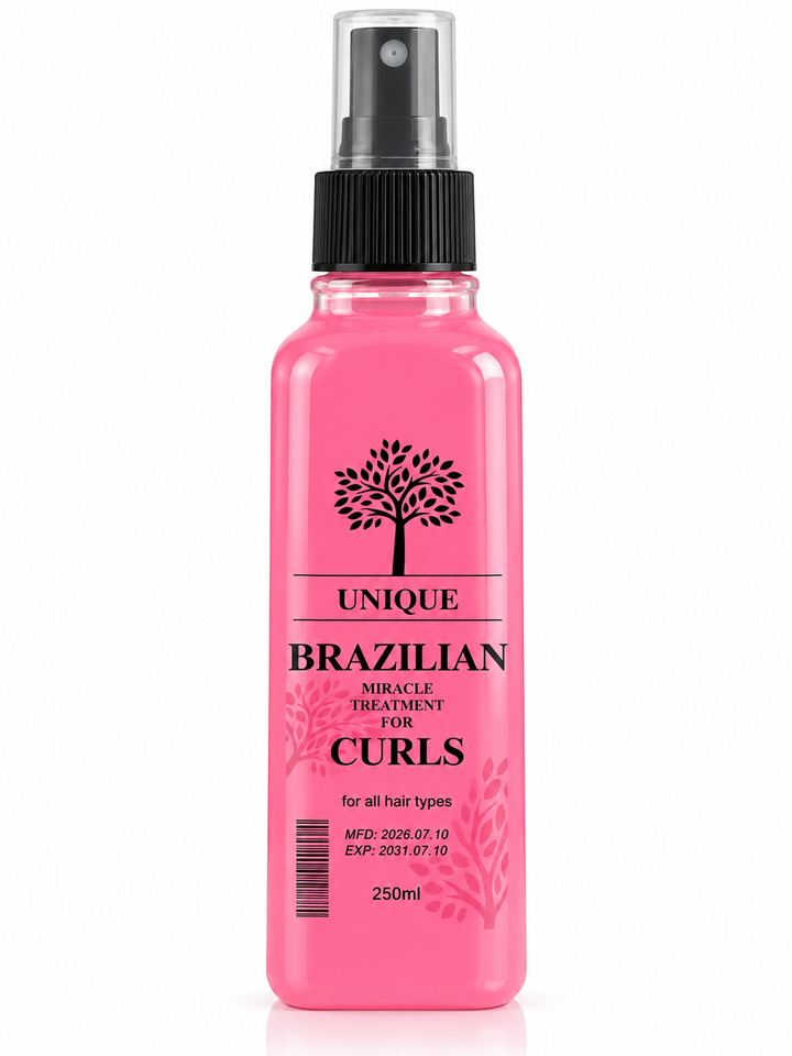 Unique Brazilian curl treatment in a pink spray bottle