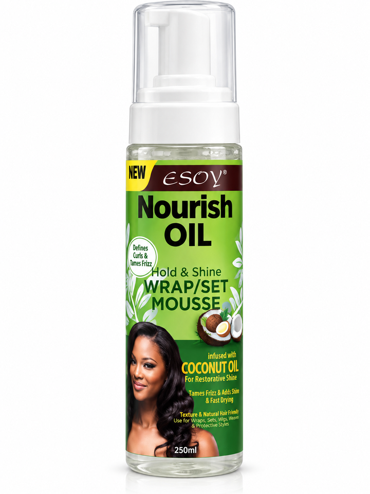 ESOY Nourish Oil Wrap/Set Mousse in a clear pump bottle with a green label