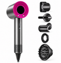 Grey and pink hair dryer displayed beside five styling attachments