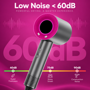 Grey and pink hair dryer on a magenta promotional graphic with a decibel scale