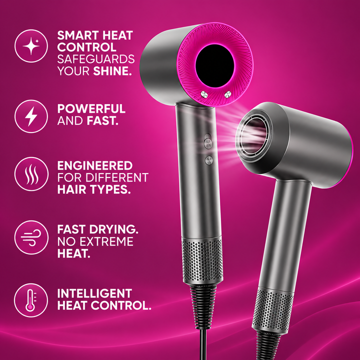 Two views of a grey and pink hair dryer beside promotional feature icons