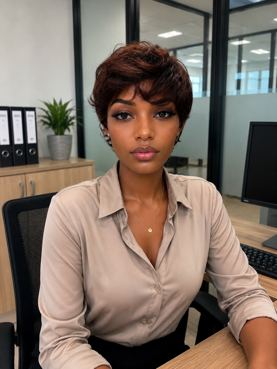 Brazilian Pixie Wig Brown Straight - front model view