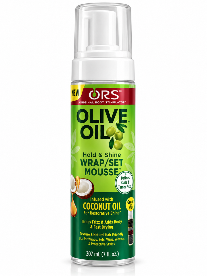 ORS Olive Oil Wrap/Set Mousse in a clear pump bottle with a green label