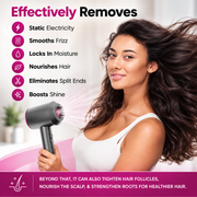 Model holding a grey and pink hair dryer on a promotional graphic
