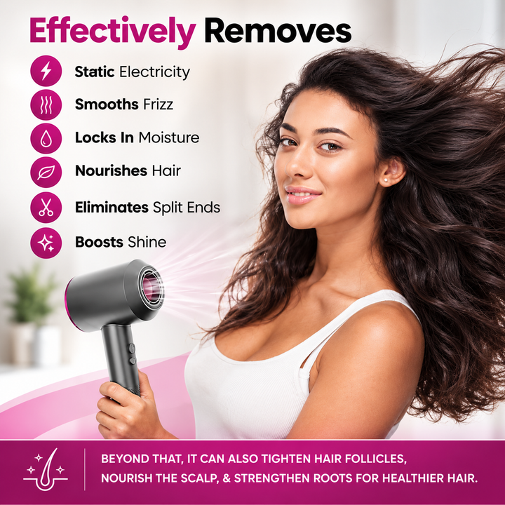 Model holding a grey and pink hair dryer on a promotional graphic