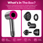 Hair dryer and five styling attachments pictured on a box-contents graphic