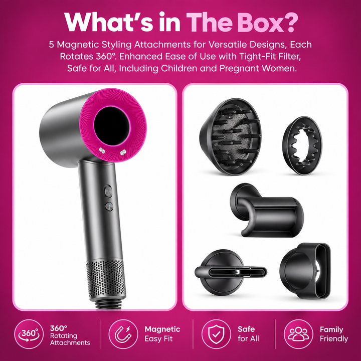 Hair dryer and five styling attachments pictured on a box-contents graphic