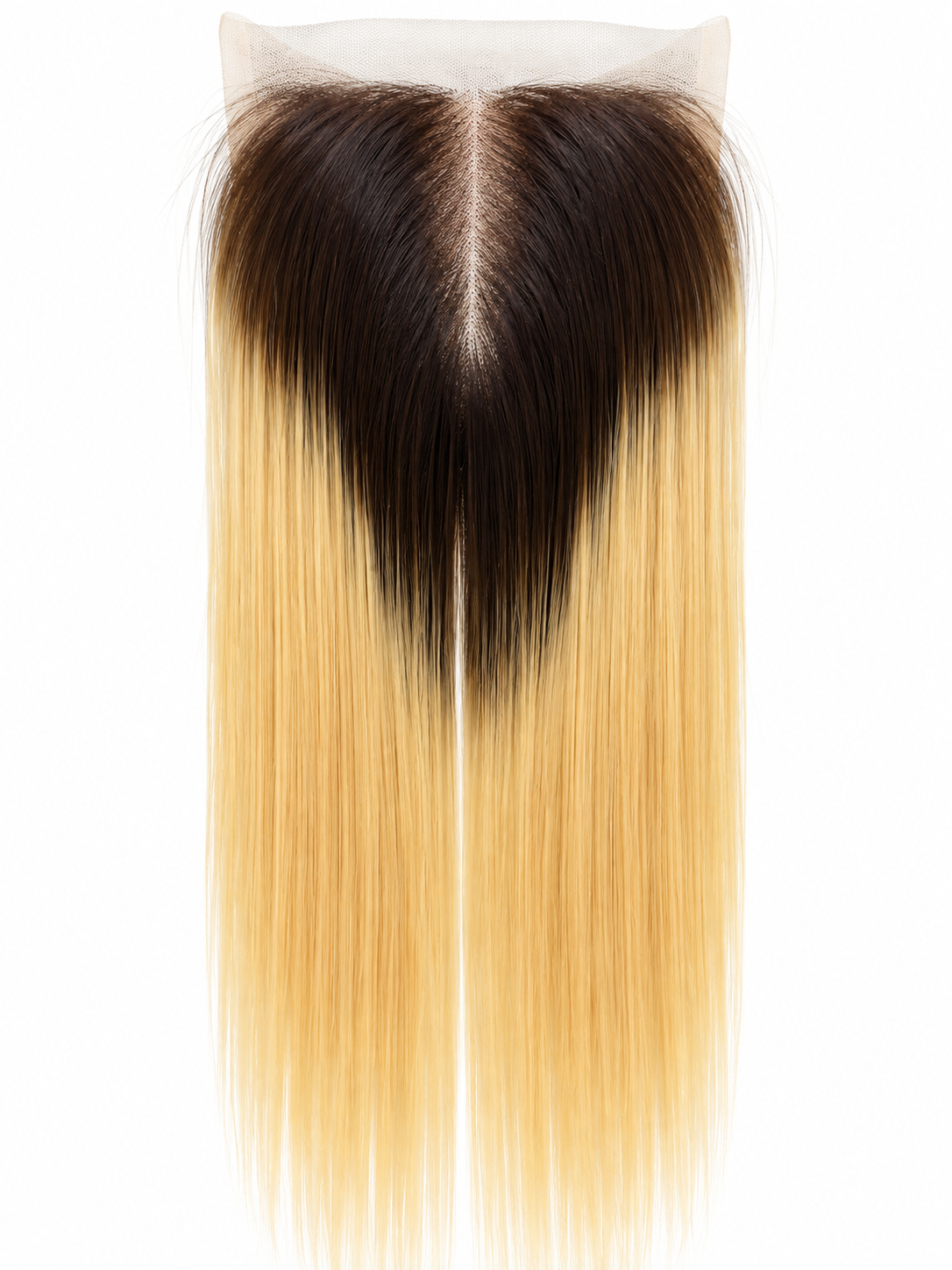 Blonde straight lace closure with dark roots and a centre part on a white background
