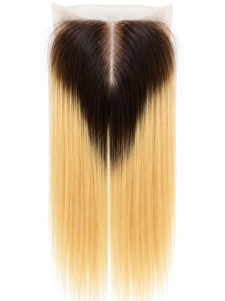 Blonde straight lace closure with dark roots and a centre part on a white background