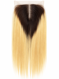 Front view of a blonde straight lace closure with dark roots and a centre part