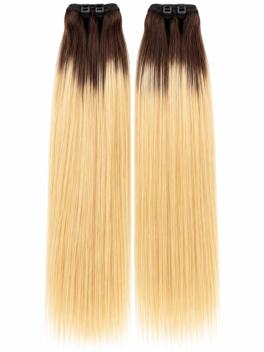Two blonde straight hair bundles with dark roots displayed on a white background