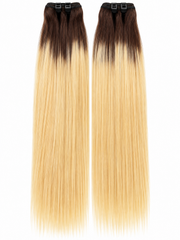 Two blonde straight hair bundles with dark roots displayed on a white background