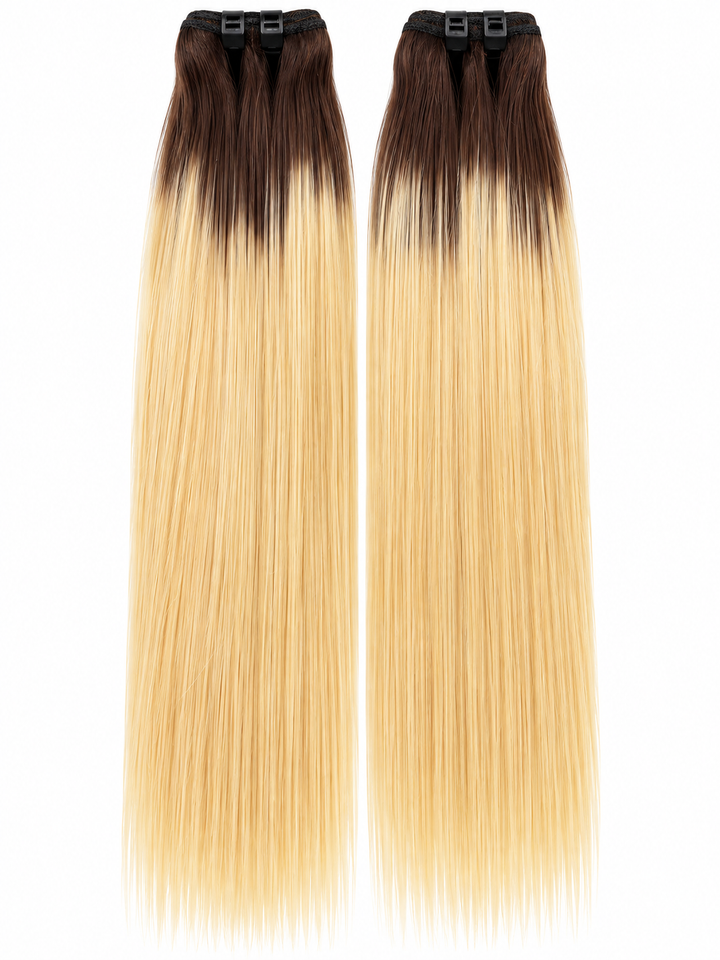 Two blonde straight hair bundles with dark roots displayed on a white background