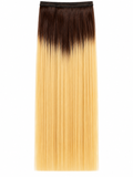 Blonde straight hair weft with dark roots displayed flat on a white background