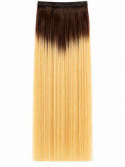 Blonde straight hair weft with dark roots displayed flat on a white background