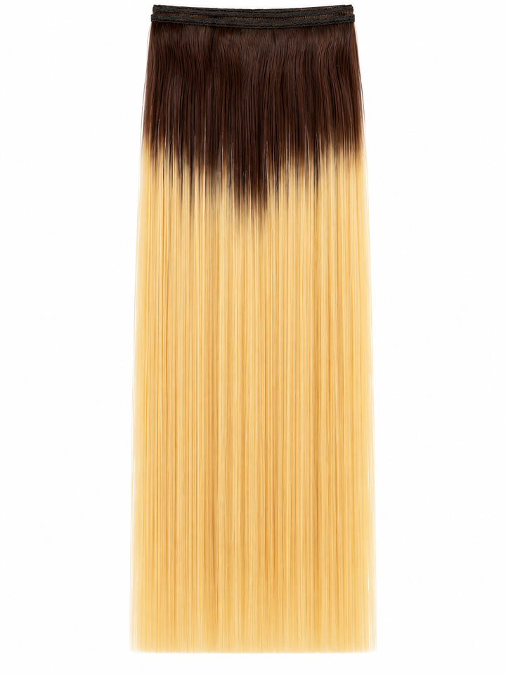 Blonde straight hair weft with dark roots displayed flat on a white background