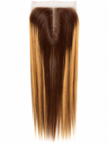 Brown straight lace closure with lighter highlights and a centre part