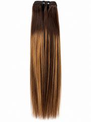 Brown straight hair bundle with lighter highlights displayed on a white background