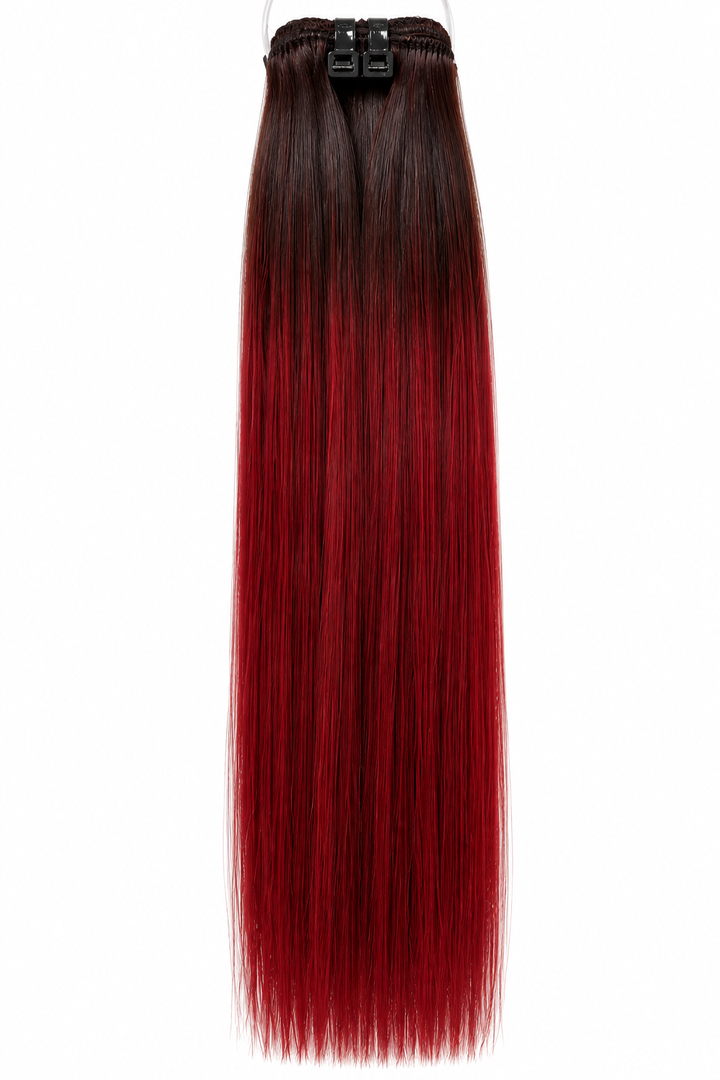 Burgundy straight hair bundle with dark roots displayed on a white background
