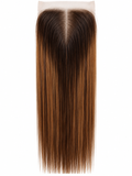 Brown straight lace closure with darker roots and a centre part