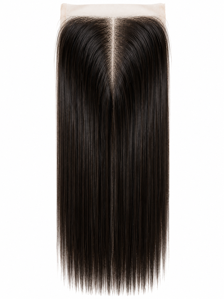 Black straight lace closure with a centre part on a white background