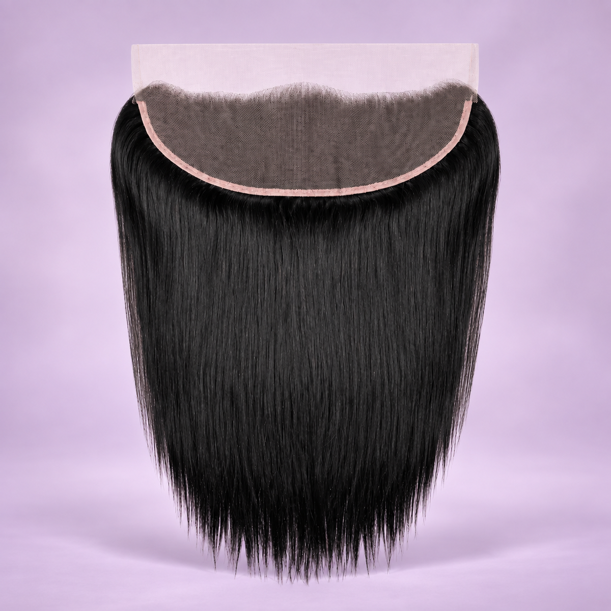 Underside of a black straight lace frontal showing the curved lace base