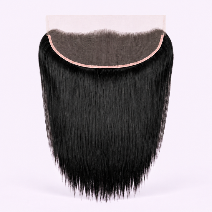 Black straight lace frontal shown from the lace side on a lilac background