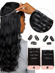 Black clip-in hair extension being positioned, with close-ups of the clips and wefts