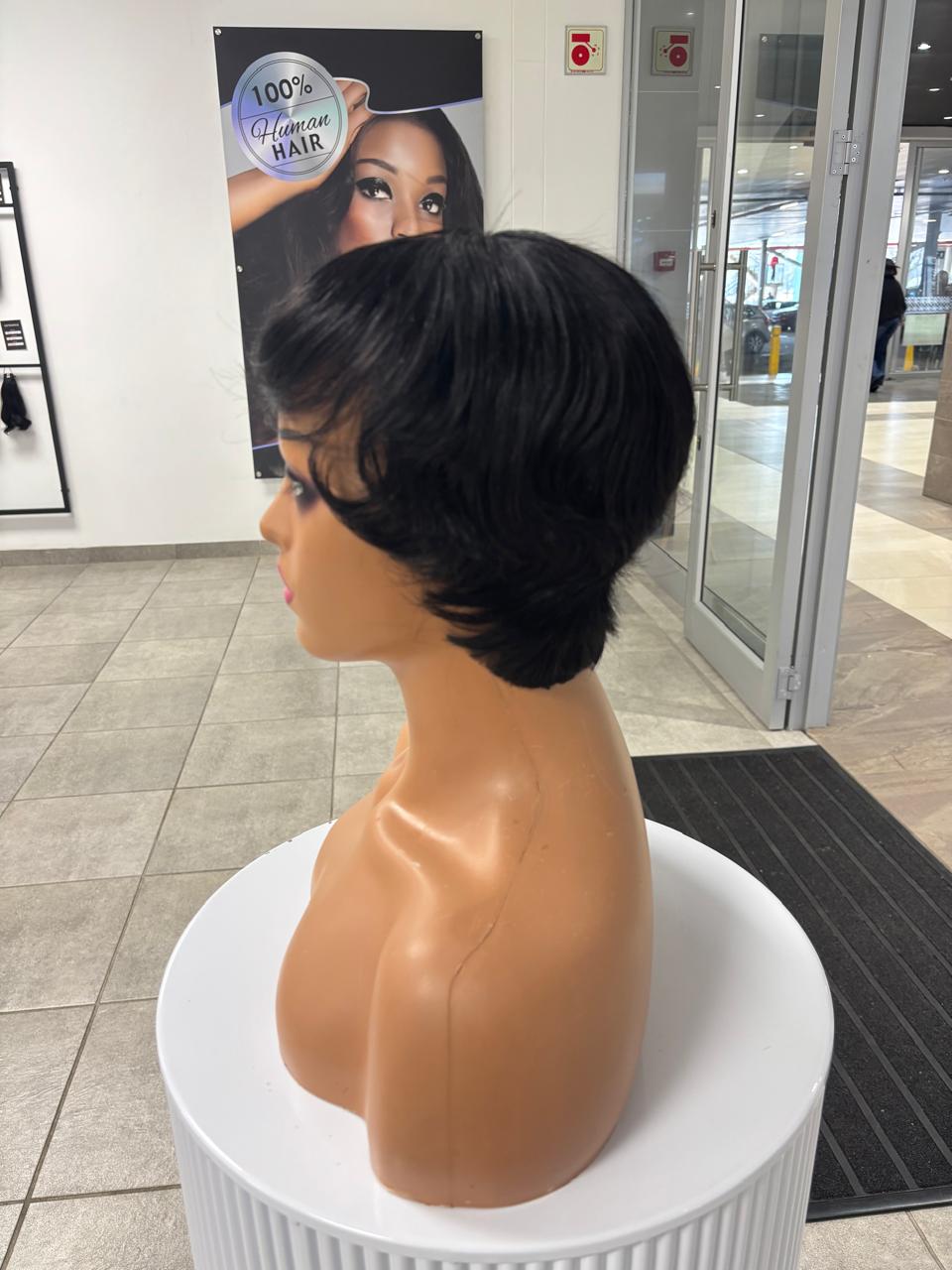 Brazilian Pixie Wig Black Straight - mannequin side view