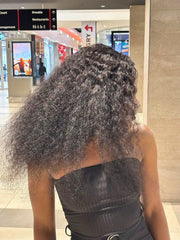 Brazilian black water-wave 4×4 lace wig, texture close-up on model