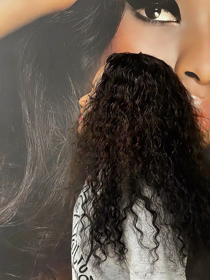 Brazilian black water-wave 4×4 lace wig, back view on wig stand