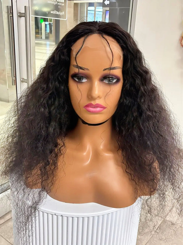 Brazilian black water-wave 4×4 lace wig, front view on mannequin