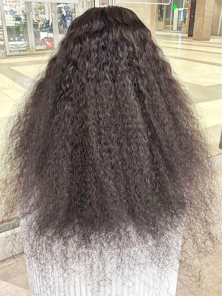 Brazilian black water-wave 4×4 lace wig, full-length back view on model