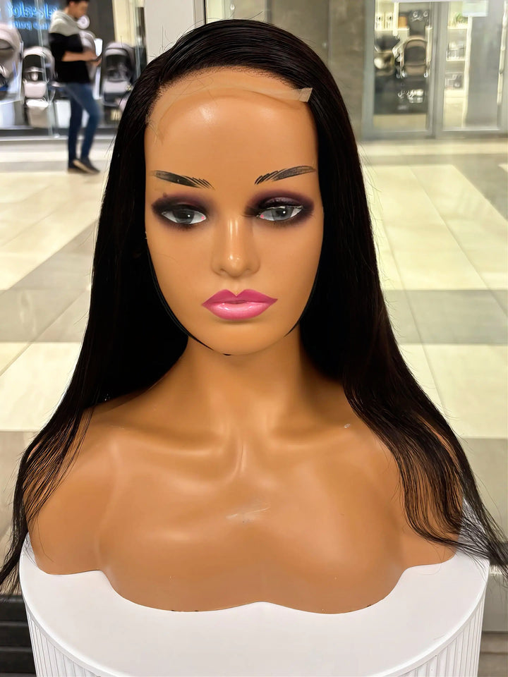 Black straight wig, front view on mannequin