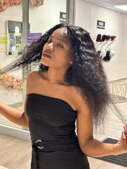 Brazilian black water-wave 4×4 lace wig, side view on model
