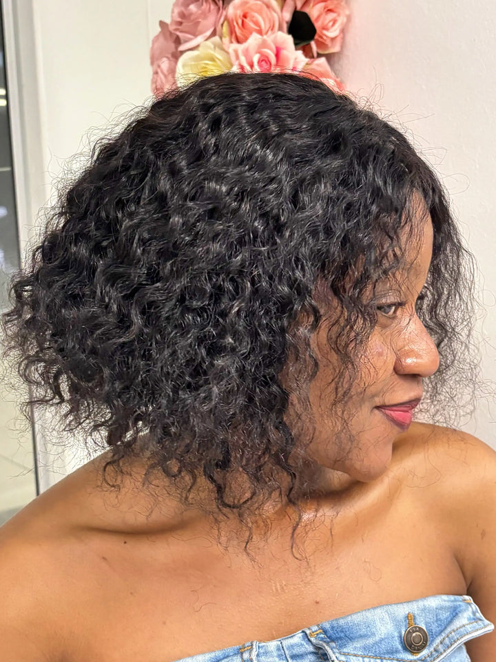 Brazilian black water-wave 4×4 lace wig, side view on model
