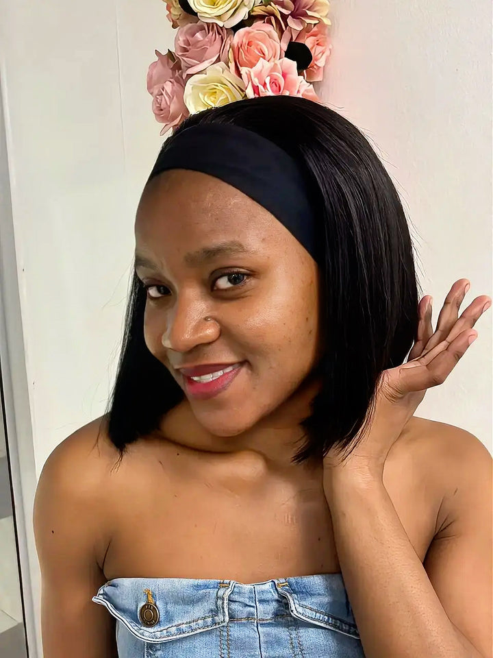 Brazilian 10-inch black straight headband wig, front view on model