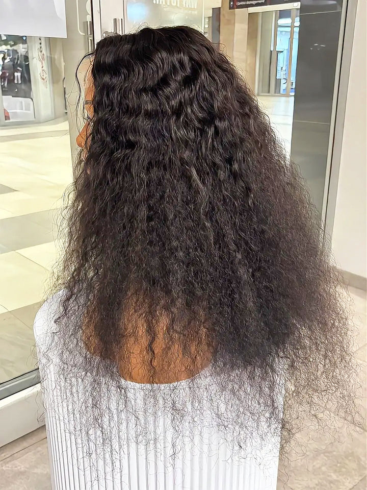 Brazilian black water-wave 4×4 lace wig, back view on mannequin