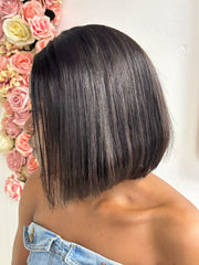 Brazilian 10-inch black straight bob wig, back view on model