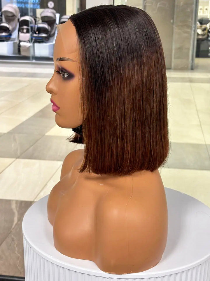 Ombre-brown Vietnamese bone-straight 5×5 lace bob wig, side view on mannequin
