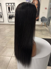 Long black straight wig, rear three-quarter view on mannequin